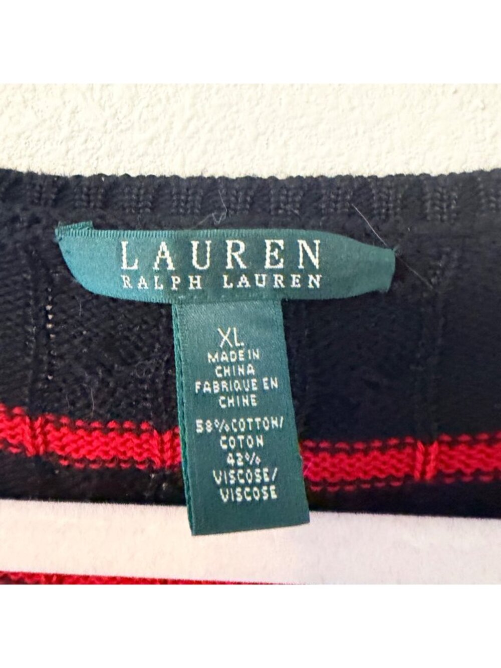 Lauren Ralph Lauren Black & Red Striped V-Neck Sweater XL Cotton Viscose Blend - Picture 2 of 12